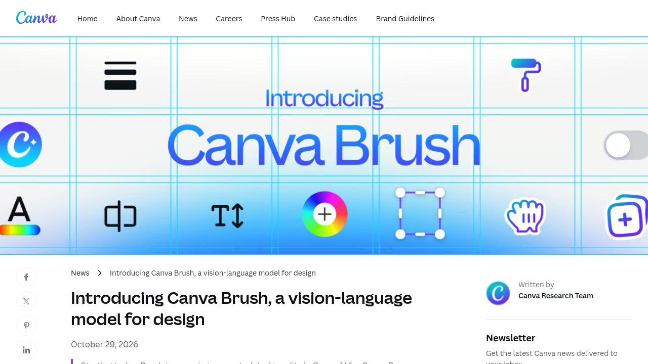 Canva Newsroom article titled Introducing Canva Brush, a vision-language model for design, dated October 29, 2026