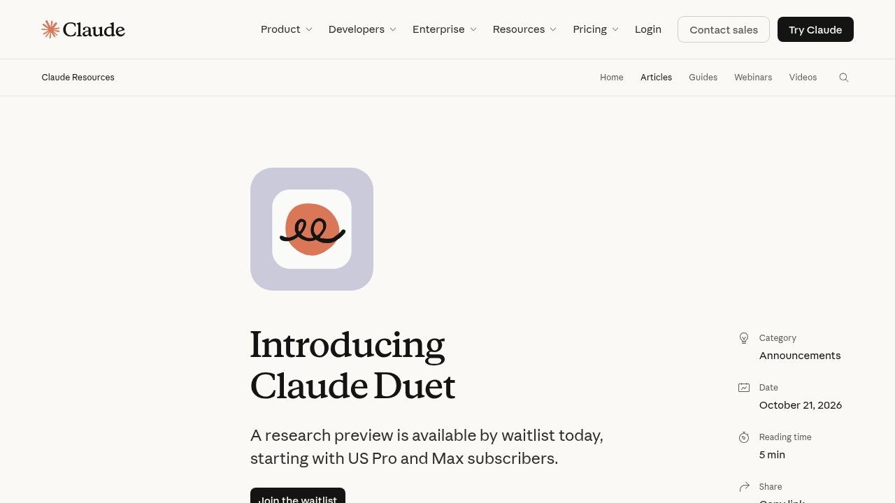 Claude Resources article titled Introducing Claude Duet, dated October 21, 2026, saying a research preview is available by waitlist starting with US Pro and Max subscribers