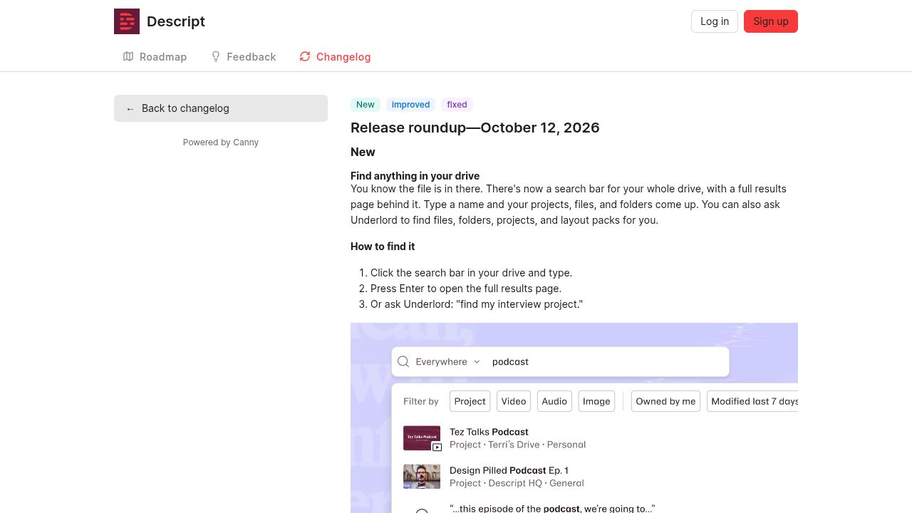Descript changelog page showing the Release roundup for October 12, 2026 and the new drive search