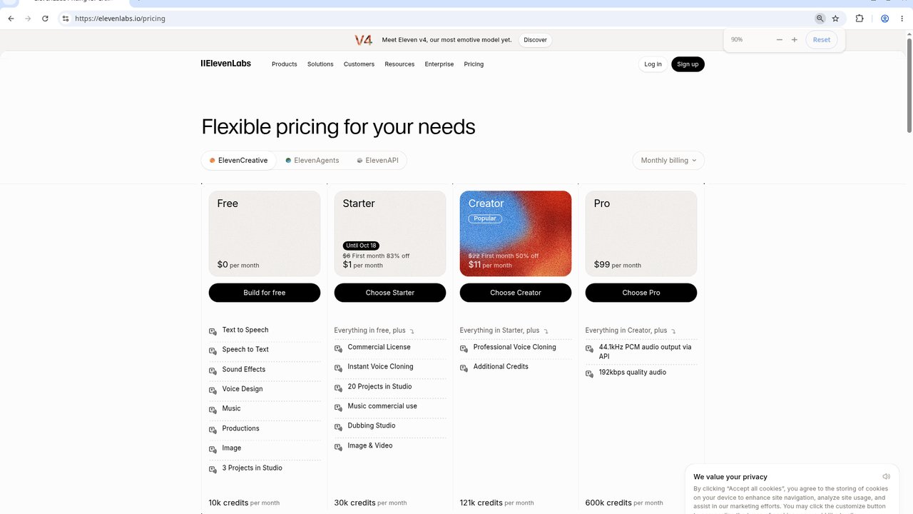 ElevenLabs monthly pricing cards: Free $0, Starter $1 until Oct 18, Creator $11 first month, Pro $99