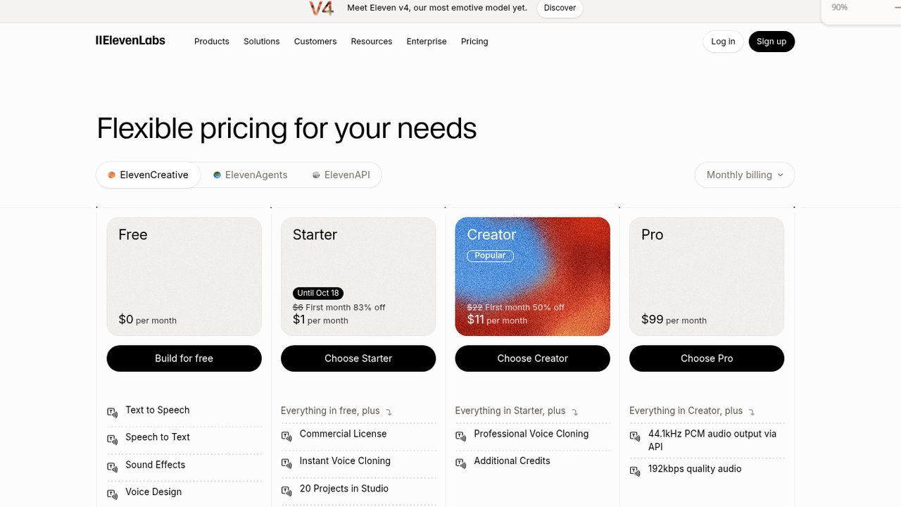 ElevenLabs pricing page Starter card showing Until Oct 18, First month 83% off, and $1 per month