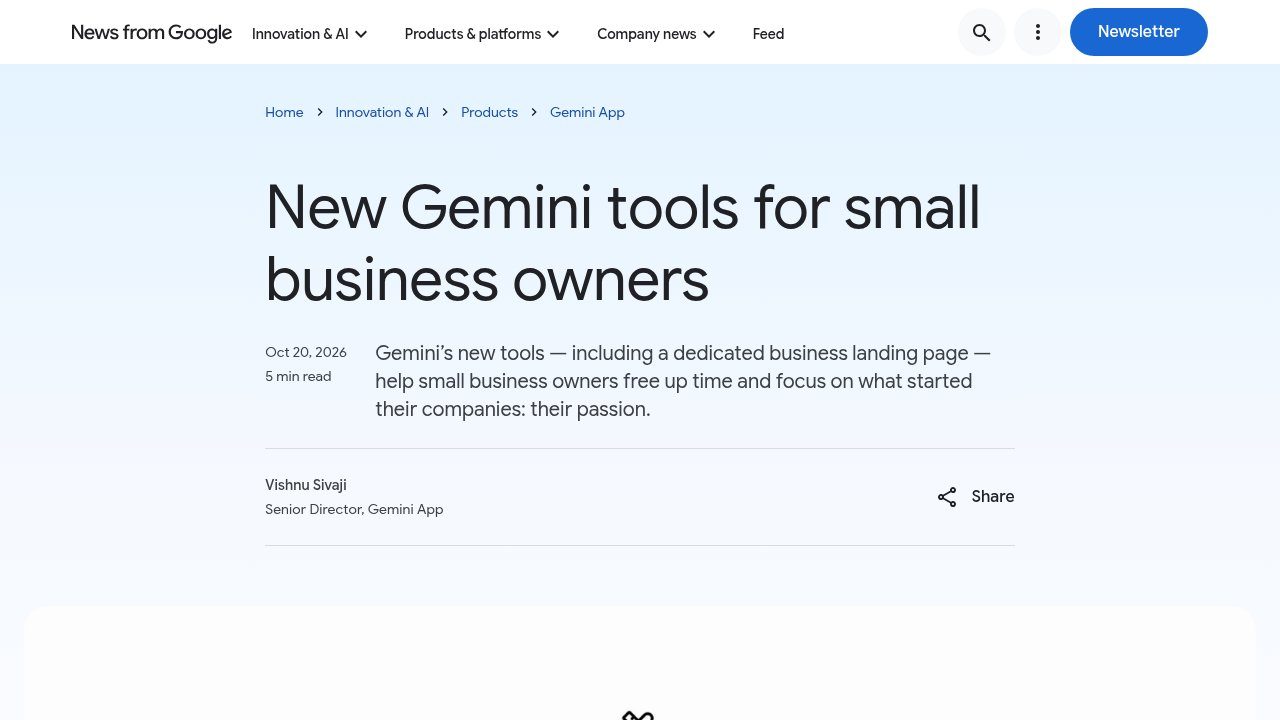 News from Google article titled New Gemini tools for small business owners, dated October 20, 2026, by Vishnu Sivaji, Senior Director, Gemini App