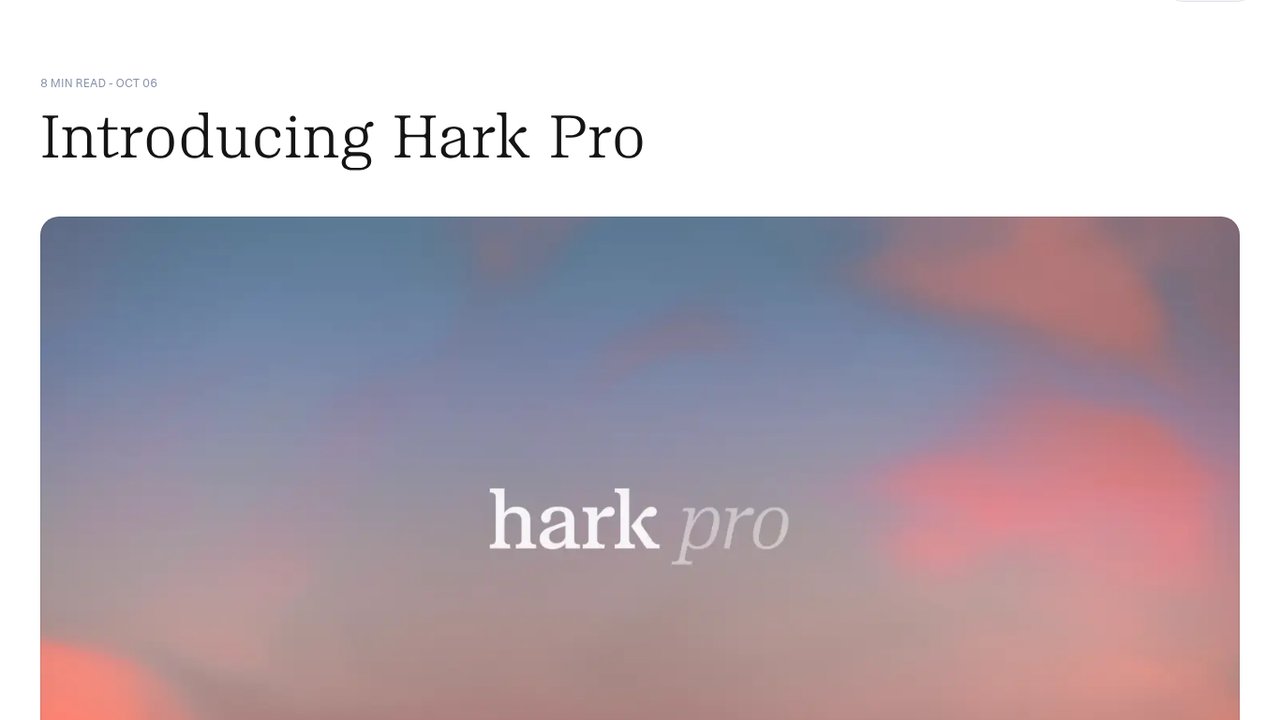 Hark's official article page titled Introducing Hark Pro, dated October 6, with the hark pro wordmark over a sky background