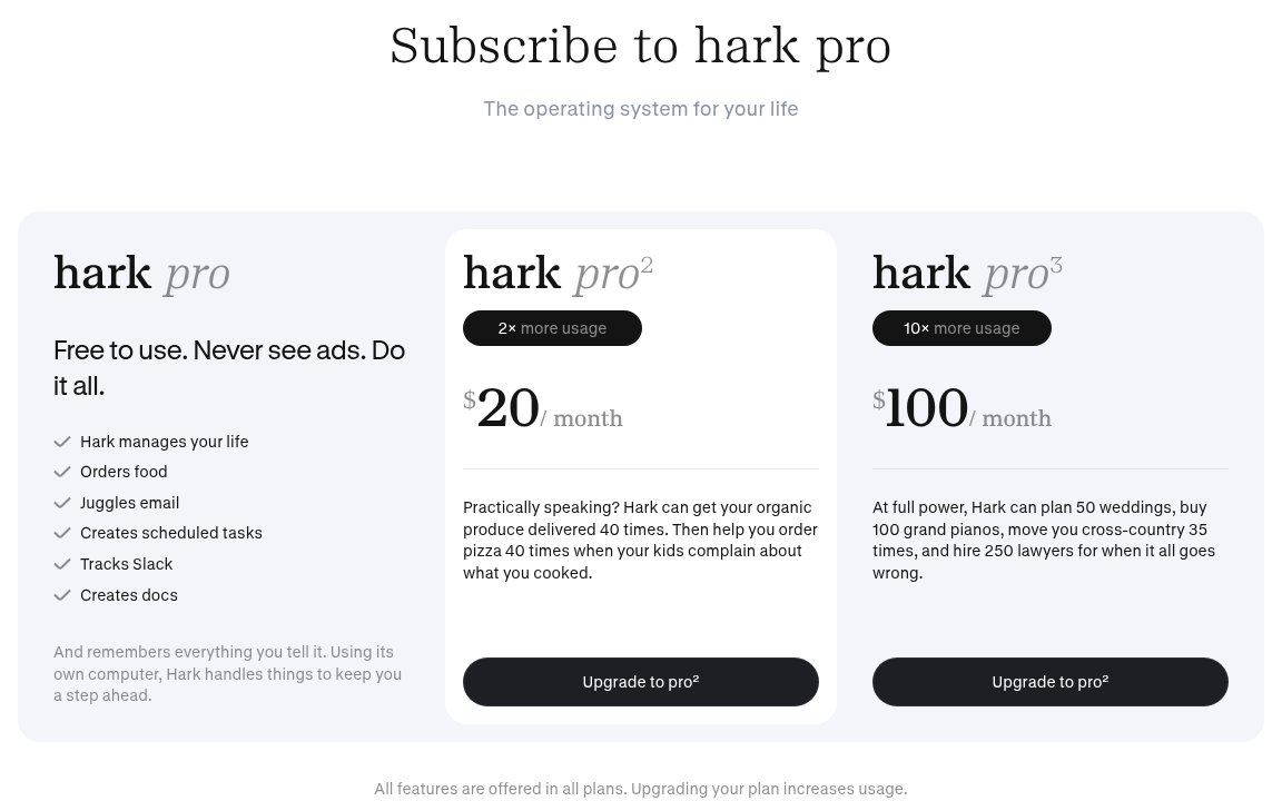 Hark pricing page showing hark pro free, hark pro squared at 20 dollars a month for 2x more usage, and hark pro cubed at 100 dollars a month for 10x more usage