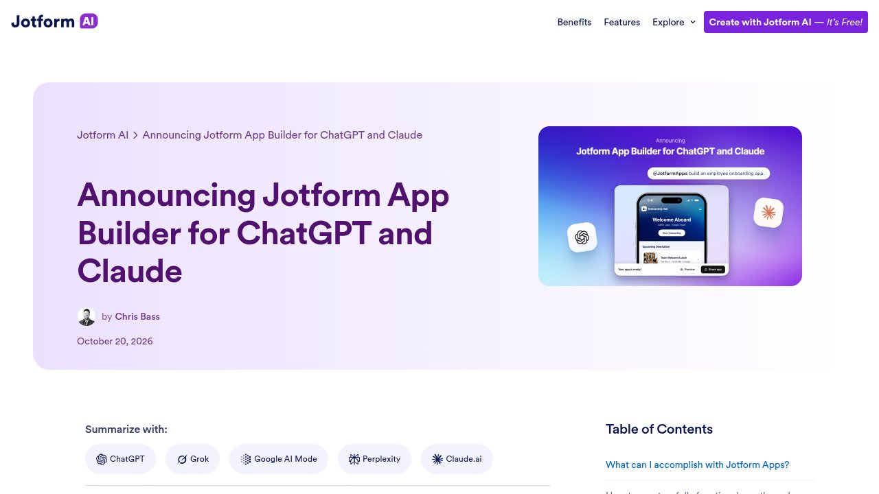 Jotform AI blog post titled Announcing Jotform App Builder for ChatGPT and Claude, dated October 20, 2026, with a phone mockup of an onboarding app