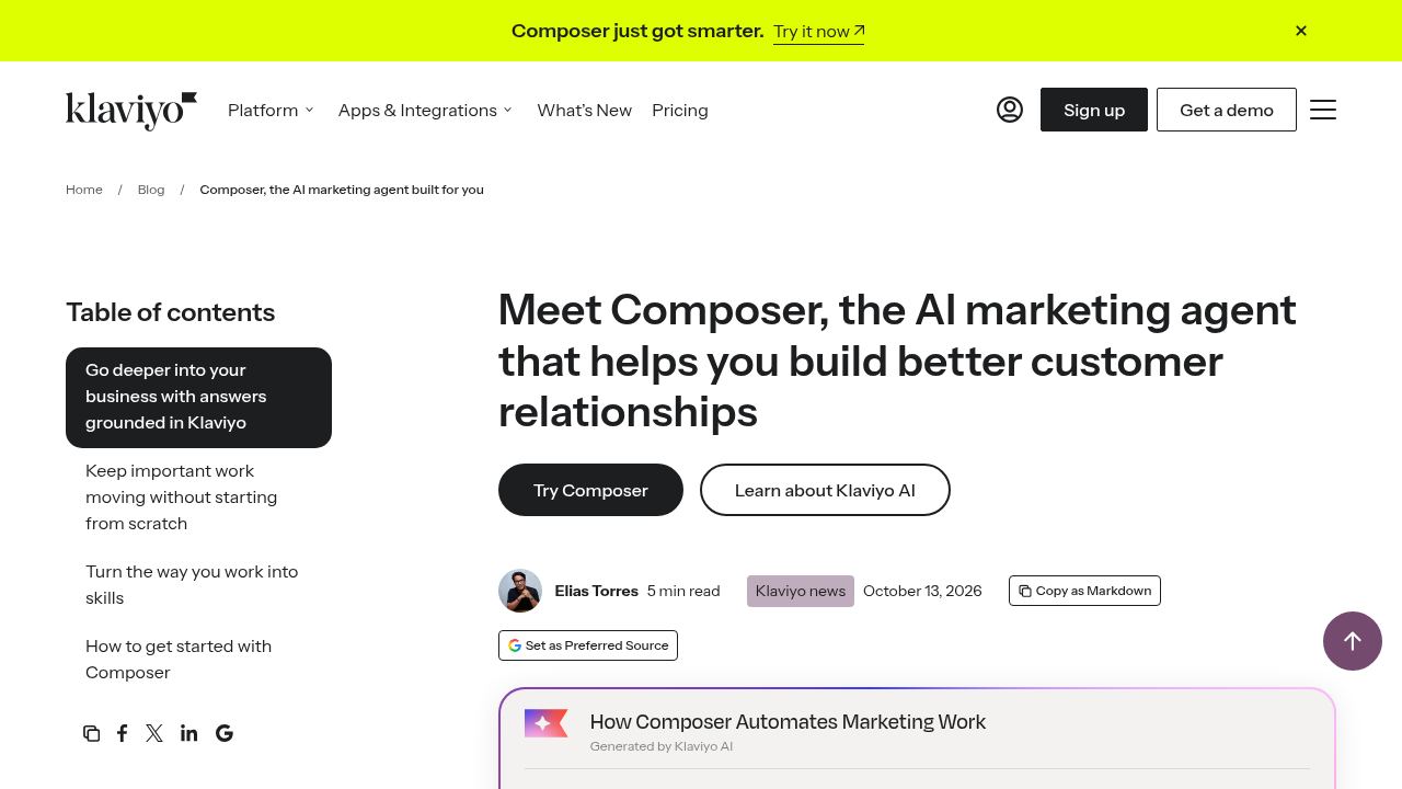 Klaviyo's Composer launch post announcing the AI marketing agent for every customer