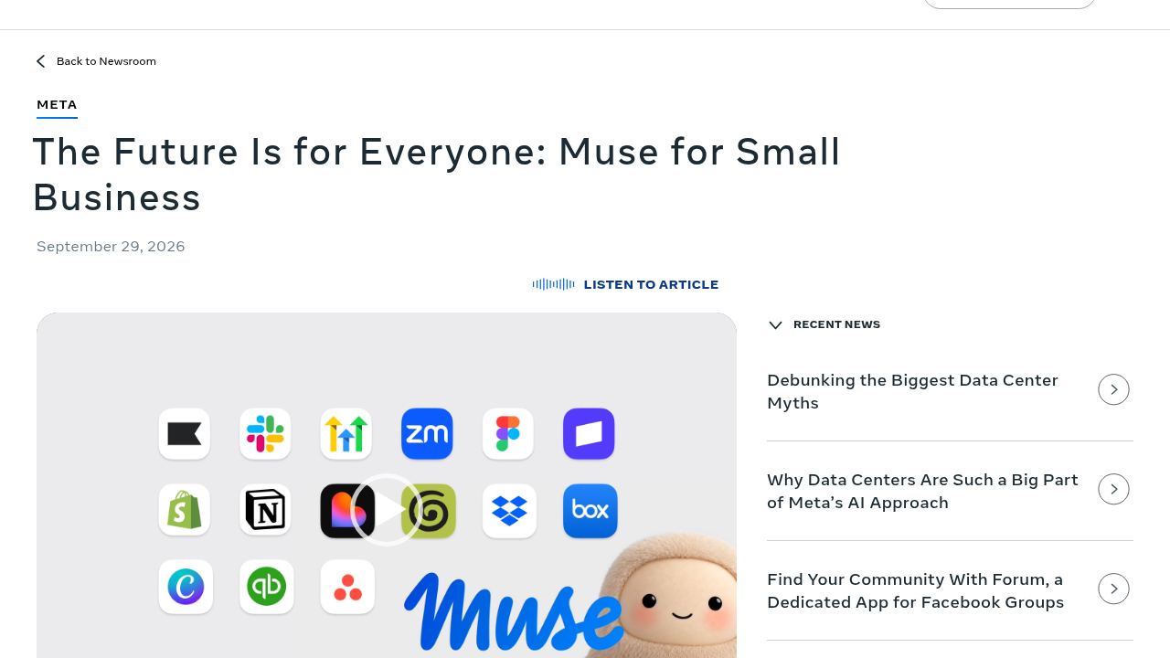 Meta Newsroom post titled The Future Is for Everyone: Muse for Small Business, dated September 29, 2026, with app icons for Shopify, Slack, Notion, Canva, QuickBooks, Dropbox, Zoom and Figma
