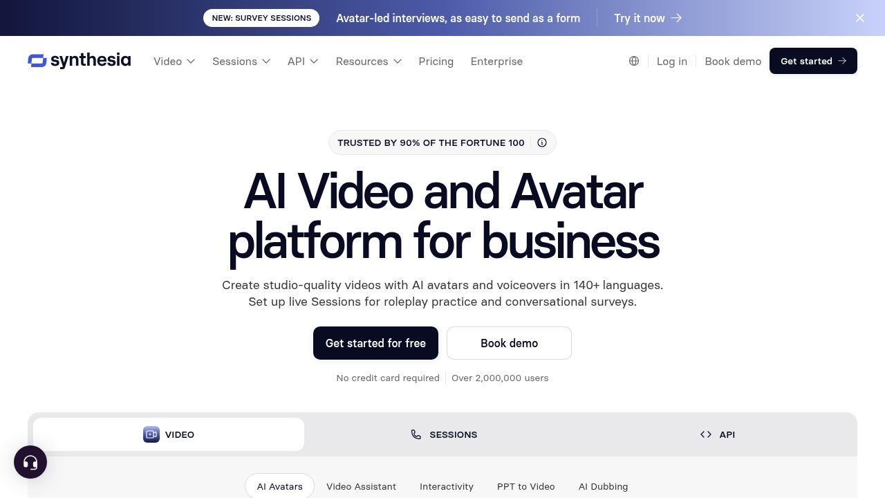 Synthesia homepage showing its AI video and avatar platform with a Sessions tab