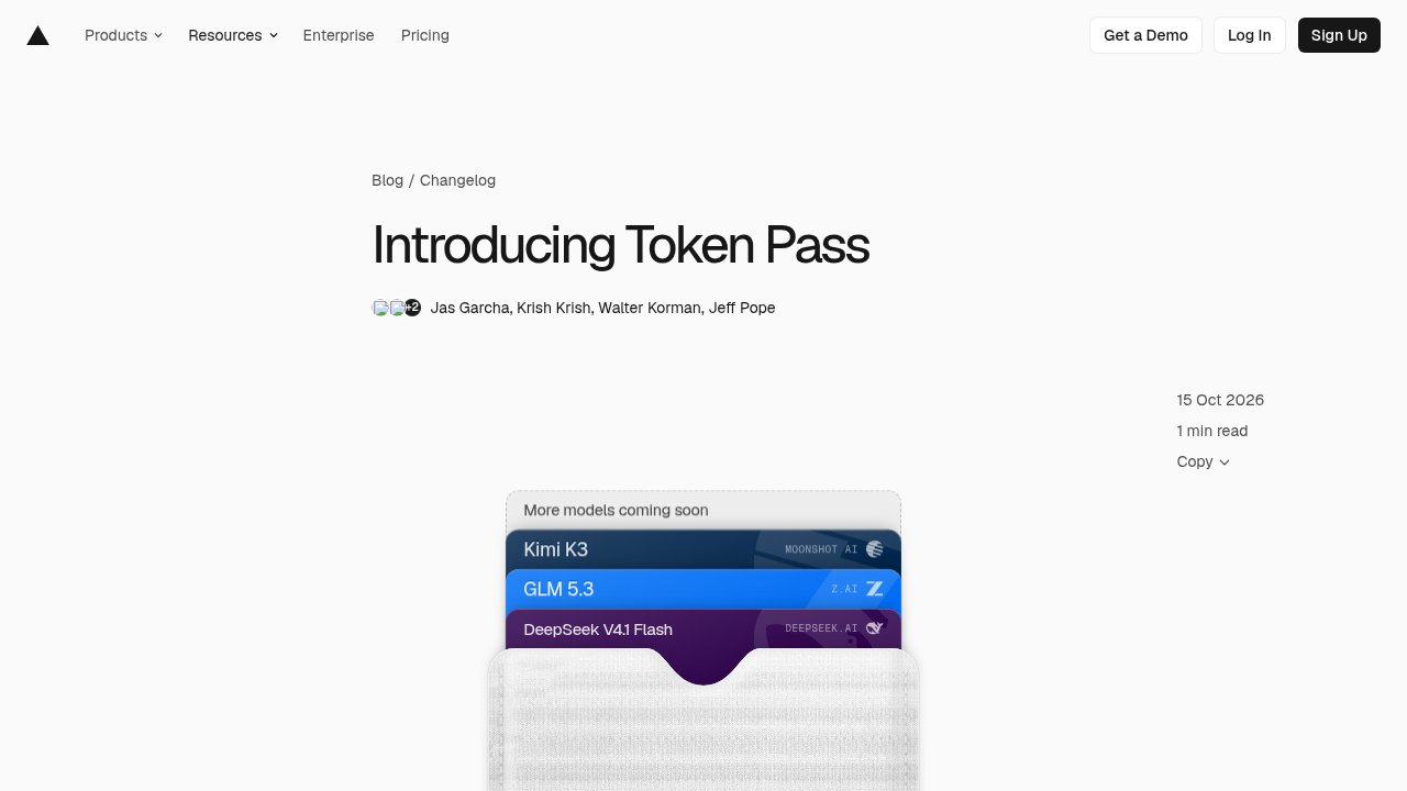 Vercel changelog post titled Introducing Token Pass, dated October 15, 2026, with model cards for Kimi K3, GLM 5.3 and DeepSeek V4.1 Flash