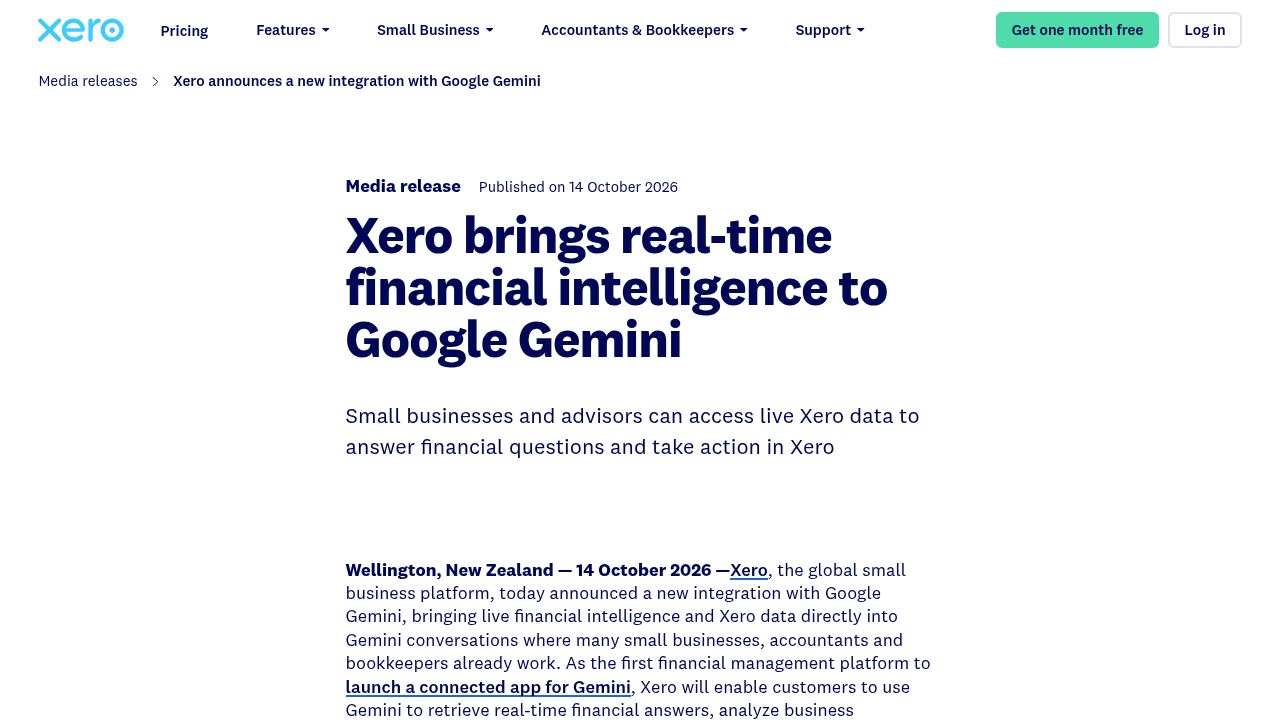 Xero media release titled Xero brings real-time financial intelligence to Google Gemini