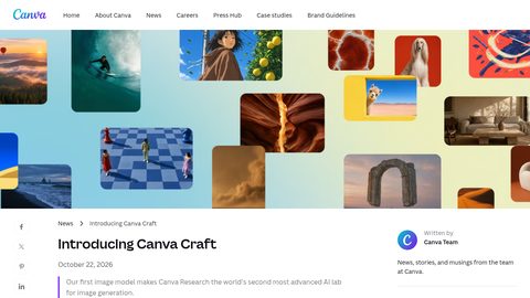 Canva Newsroom article titled Introducing Canva Craft, dated October 22, 2026, below a collage of sample images