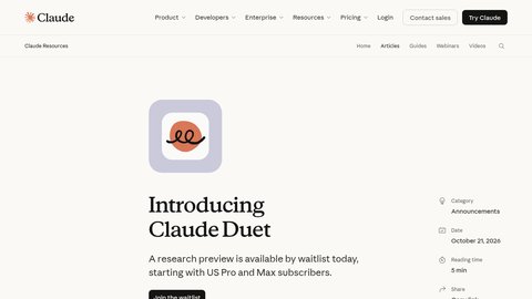 Claude Resources article titled Introducing Claude Duet, dated October 21, 2026, saying a research preview is available by waitlist starting with US Pro and Max subscribers