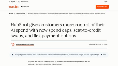 HubSpot newsroom article titled HubSpot gives customers more control of their AI spend with new spend caps, seat-to-credit swaps, and flex payment options, updated October 15, 2026