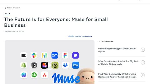 Meta Newsroom post announcing Muse for Small Business, with connector app icons