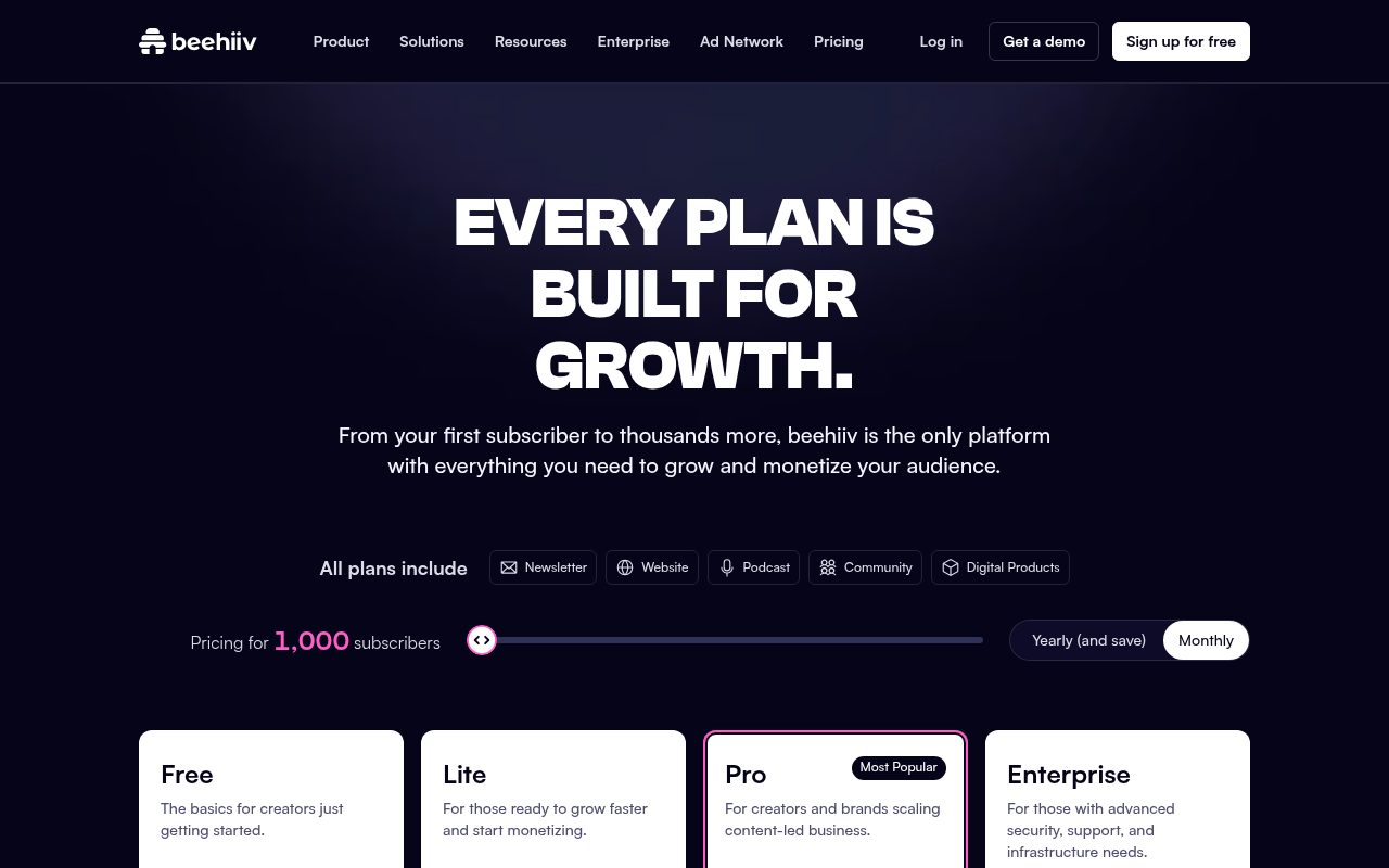 beehiiv pricing page, Monthly billing at 1,000 subscribers, October 9, 2026: Free $0, Lite $59, Pro $109 per month, Enterprise custom