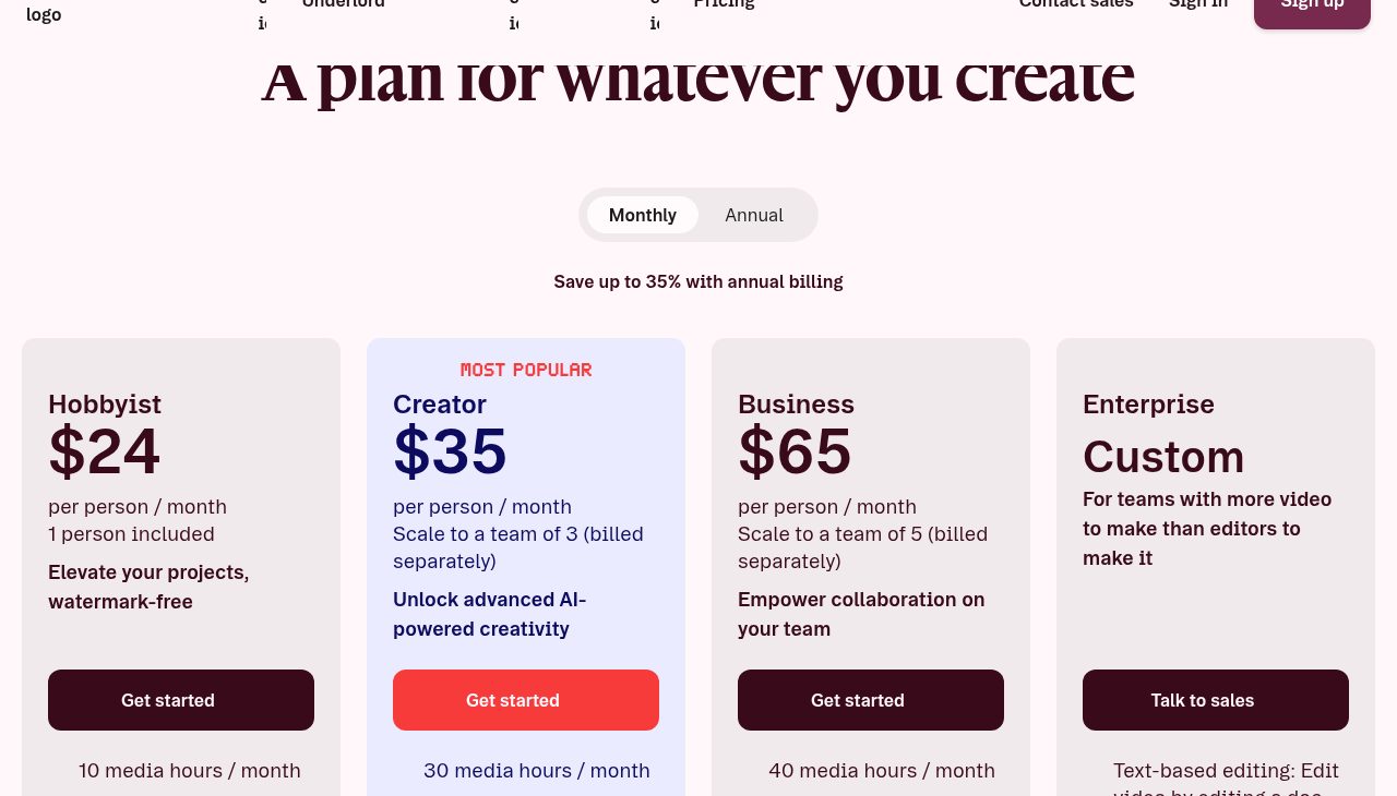 Descript pricing page, Monthly tab, October 9, 2026: Hobbyist $24, Creator $35, Business $65 per person per month, Enterprise custom