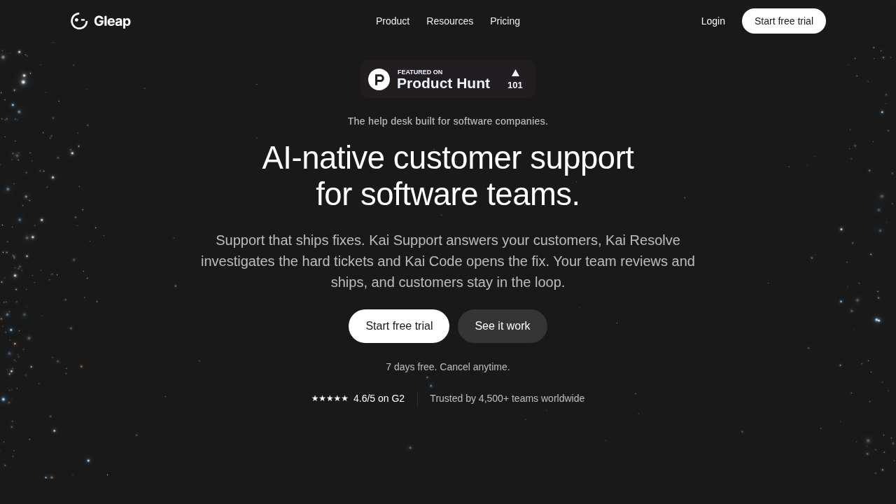 Gleap homepage screenshot, October 19, 2026