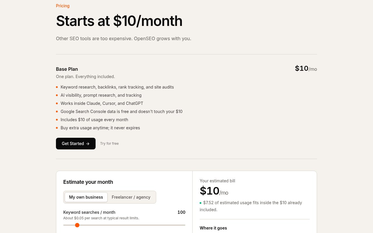 OpenSEO pricing page, October 9, 2026: Base Plan $10 per month with $10 of usage included, and the monthly estimate calculator