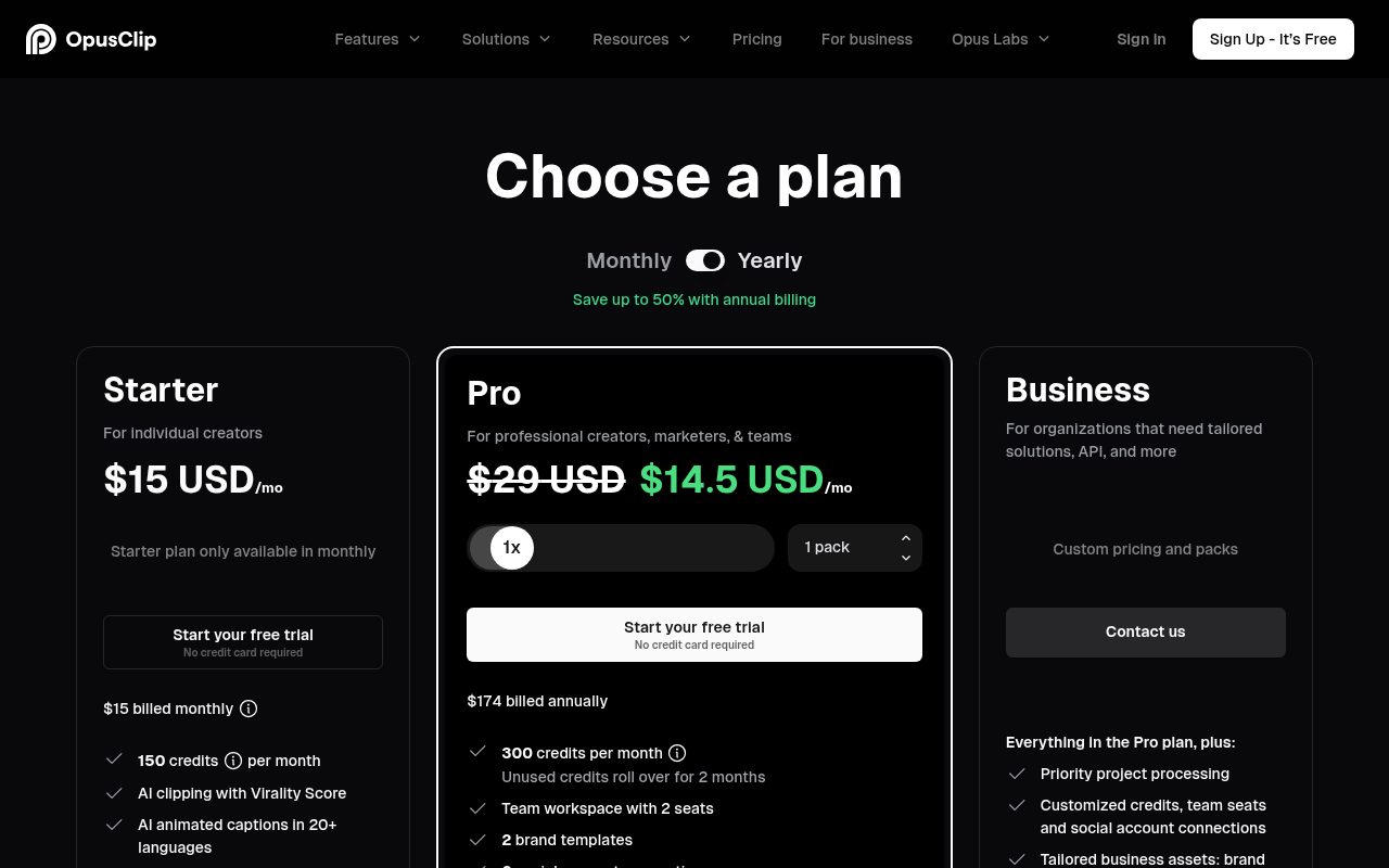 OpusClip pricing page, October 9, 2026: Starter $15 per month, Pro $29 per month or $14.50 per month billed annually, Business custom