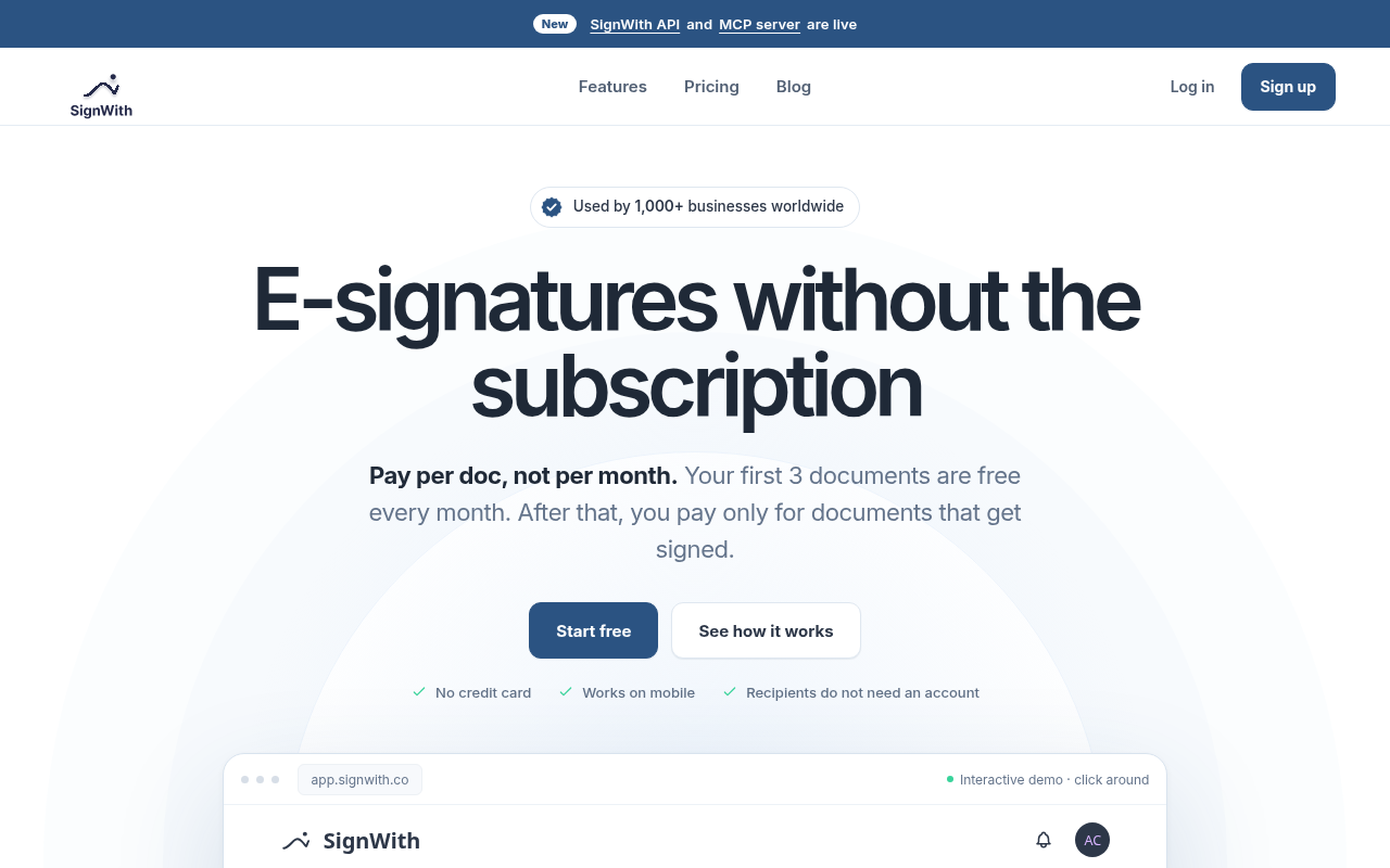 SignWith homepage screenshot from signwith.co