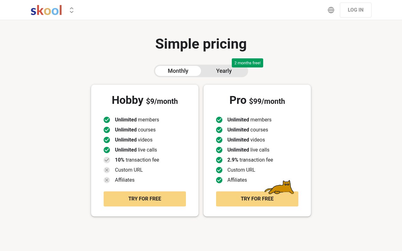 Skool pricing page, Monthly tab, October 9, 2026: Hobby $9 per month with 10% transaction fee, Pro $99 per month with 2.9% transaction fee, custom URL and affiliates