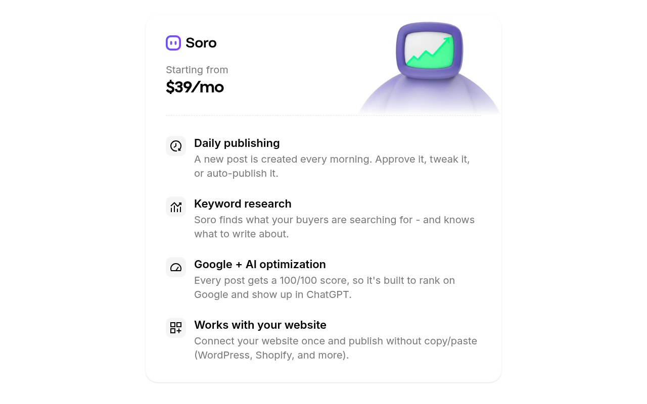 Soro pricing page, October 10, 2026: Starting from $39 per month, with daily publishing, keyword research and website integrations