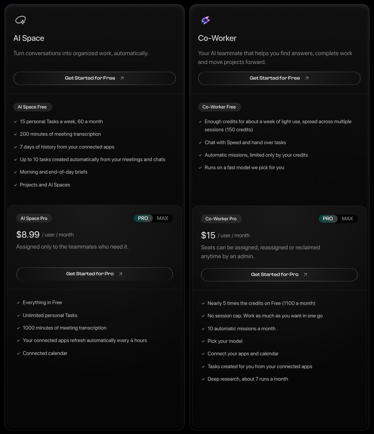 Velozity pricing page, Solo view: AI Space Pro $7.99 and Co-Worker Pro $15 per user per month