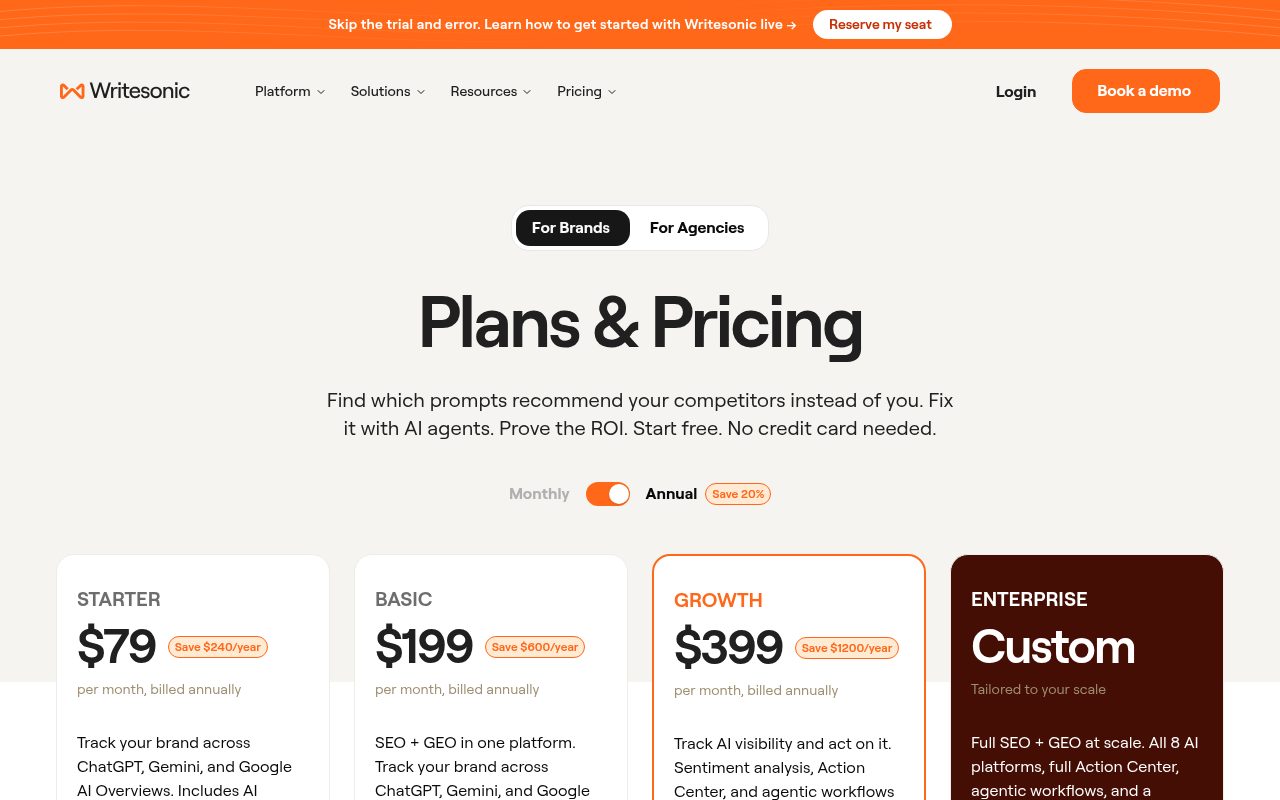 Writesonic pricing page, Annual billing, October 9, 2026: Starter $79, Basic $199, Growth $399 per month billed annually, Enterprise custom